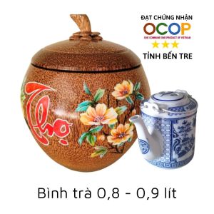 Bình ủ trà gỗ dừa cao cấp vẽ chữ Thọ / Tùy chọn bình trà 05 - 08 - 13 - 20 lít / Hàng đạt OCOP 3 sao tỉnh Bến Tre năm 2023  / Giữ ấm 3 - 5 giờ / Xưởng sản xuất thủ công