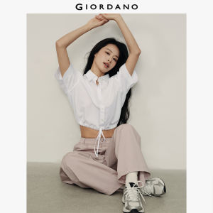 Giordano Women Drawstring hem short sleeve cotton cropped shirt Free Shipping 05345499