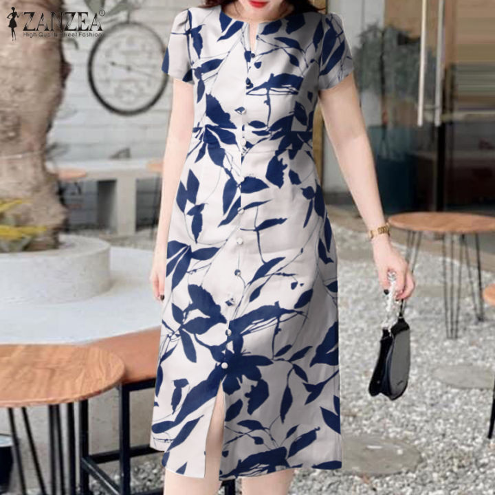 ZANZEA Women's Dresses Vintage Holiday Floral Short Sleeve O-Neck Casual Cotton Linen Loose Midi Dress #7 | Singapore - Foto 4