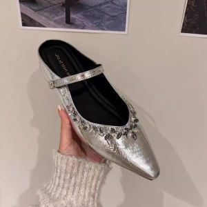 Elegant French Diamond Pointed Toe Womens Slip-On Mules Silver Straight Strap Buckle Casual Summer Daily Style Slippers