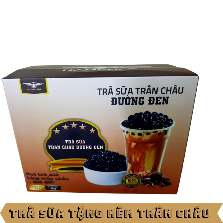 Trà sữa trân châu đường đen hộp 8 gói có sẵn trân châu đi kèm tiện lợi pha ngay uống liền