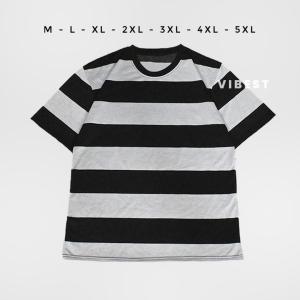 Kaos Salur Lengan Pendek - Kaos Oblong Stripe Garis Garis Semi Katun Jumbo - Abu Hitam