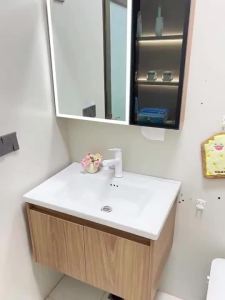 Wooden color  honeycomb aluminum bathroom cabinet combination bathroom ceramic integrated wash basin sink cabinet washstand