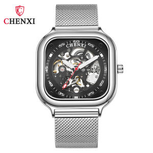 CHENXI Fashion Automatic Mechanical Watch for Men Mesh Belt Skeleton Square Watches Waterproof