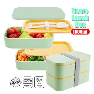 Double-layer Lunch Box With Fork&SpoonMicrowave Oven Heating 1.6L Large Capacity Bento Box