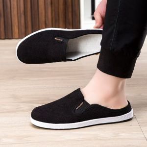 ZEEMIN Mens Summer New Baotou Flat sole Canvas Slippers Soft Sole Non Slip Breathable Outdoor Casual Half Slippers Lazy Slippers