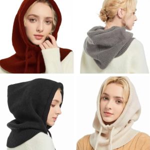 Q-1151 STORE Warm Insulation Winter Knitted Hooded Caps Thick Windproof One-piece Neck Collar Trendy Drawstring Adjustable Beanies Cap for Winter Outdoor Activities