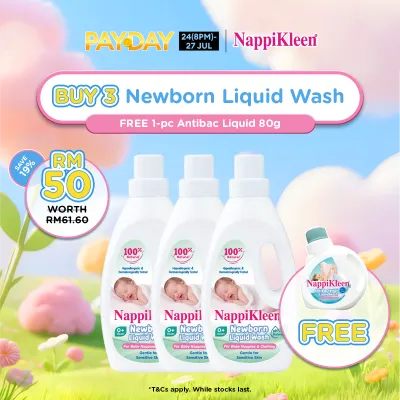 [Payday Exclusive] Nappikleen Newborn Liquid Wash 1KG x3 + Nappikleen Antibacterial Liquid Wash 80g