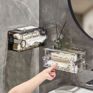 NCUMBE สไตล์อิน กล่องกระดาษทิชชูลูกฟูกแบบถ้วยดูด อะคริลิค ไม่มีหมัด กล่องทิชชูลายธารน้ำแข็ง มัลติฟังก์ชั่ อุปกรณ์ติดผนัง ตัวจัดระเบียบผนังลูกฟูก สำหรับห้องนอนและห้องนอน