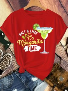 [Everyday Comfort] Womens Casual Crew Neck T-Shirt with "Its Margarita Time" Print 100% Polyester Knit Fabric Medium Stretch All-Season Short Sleeve Top