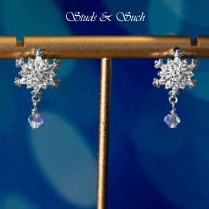 [Studs & Such] 925 Silver Sparkling Snowflake Stud Earrings With Dangling Cubic Zirconia