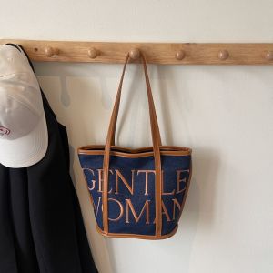 Gentlewoman denim embroidered letter shoulder bag 2025 new all-match contrast color tote bag