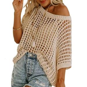 Women Crochet Knit Beach Coverup Top Short Sleeve Shirt Swimsuit Coverup Tshirt Hollowed Knit Scooped Neck Beach Tshirt