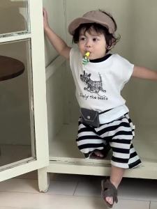 Childrens summer thin Korean-style outfit boys short-sleeve set with puppy print baby summer clothing