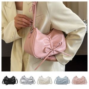 HOLLYII Drawstring Balletcore Bow Handbag Bowknot Korean Style Bow Tie Shoulder Bag Trendy Underarm Bag PU Leather Hobo Bag Girls
