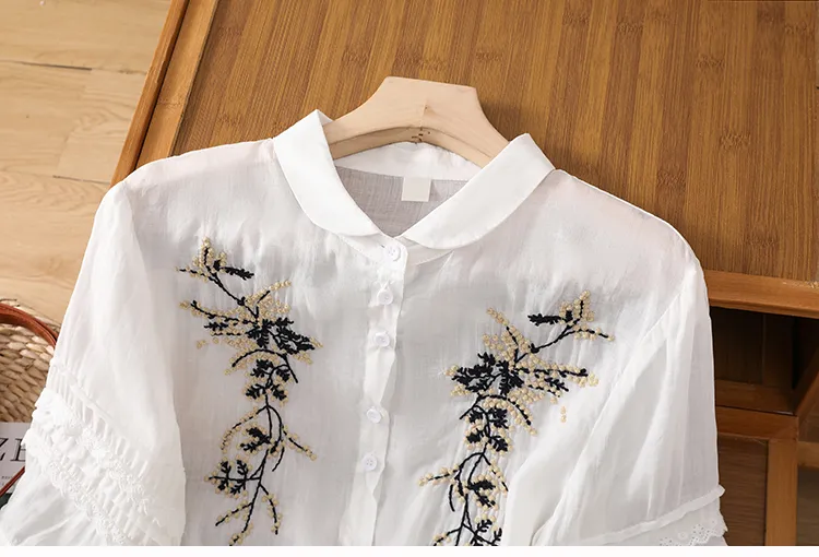 CottonDesign Retro Bunch of Flowers Embroidery Long Sleeve Shirt Women  Blouse Plus Size 3BT0883