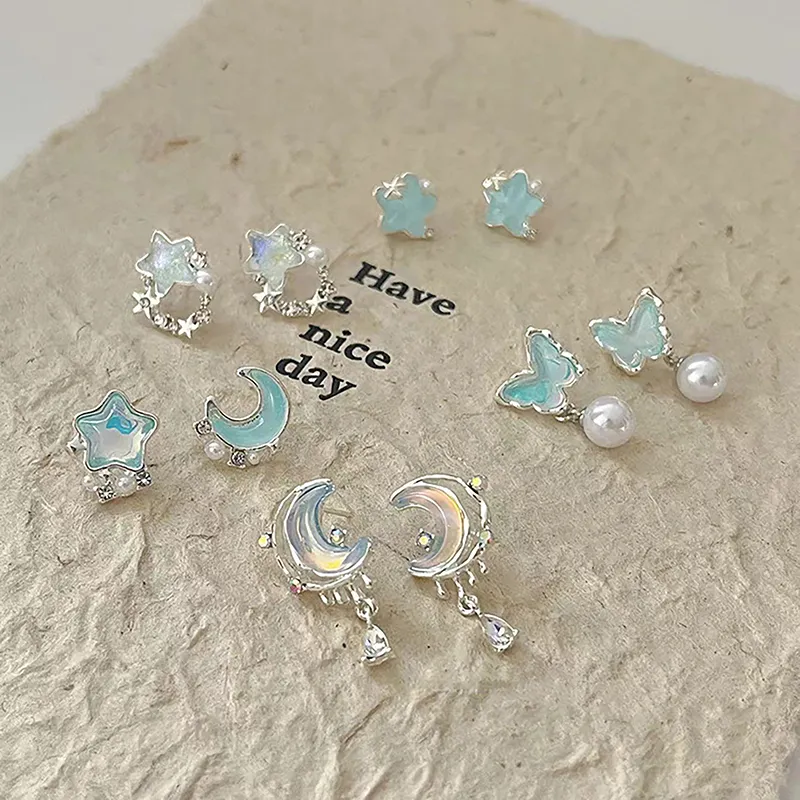 StylishScape 1Pair Korean Style Blue Zircon Star Moon Stud
