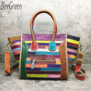 BeeGreen Women Genuine Leather Handbag Multicolor Stripe Patchwork Shoulder Bag Large Capacity Smile Face Top-Handle Bag