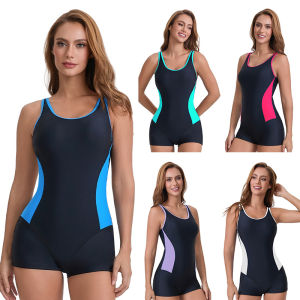 Womens Boyleg Sport One Piece Swimsuit Athletic Swimwear Modest Training Bathing Suit Block Colors Backless Swimwear Beach Cloth