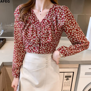 AFEG new Korean version of V-neck ruffled fashion loose and versatile printed chiffon long-sleeved blouse for women
