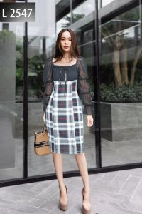 LooWear- Dress Kantoran Wanita Motif Burberry Kotak Kasual Formal Terbaru Model Sabrina Lengan Panjang Lonceng Kombinasi Pita Hitam Bahan Chiffon Dengan Scuba Kualitas Import L2532