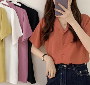 korean style shirt plain blouse for women loose casual short sleeve shirt plus size womens tops collar Shirt chiffon shirt