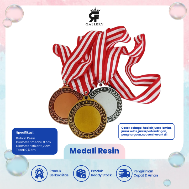 Medali Warna Emas Perak Perunggu Plus Tali Merah Putih Medalion Mendali Custom Gold Silver Bronze Penghargaan Lomba Kejuaraan Olimpiade Hadiah Wisuda Souvenir Acrylic Akrilik 100% Bahan Resin