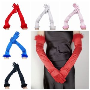 NOVELLEO Satin Womens Long Fluffy Gloves Elegant Vintage Womens Long Mittens Gift Soft Women Cosplay Gloves Dress-Up  Accessories