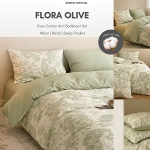 🇲🇾 𝗥𝗘𝗔𝗗𝗬 𝗦𝗧𝗢𝗖𝗞 𝟮𝟰𝗵𝗼𝘂𝗿𝘀🚚 FLORA OLIVE 1200TC 40CM Pure Cotton Bedsheets Set Flora Series