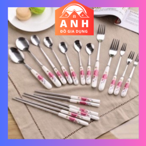 Thìa inox chuôi sứ hoa hồng cao cấp bền-đẹp