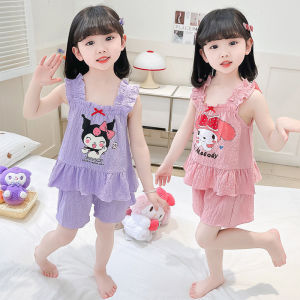 Anime Sanrio Kuromi Summer Pajamas Child Girls My Melody Cinnamoroll Cartoon Cotton Sleepwear Sleeveless Thin Princess Home Wear