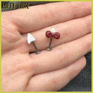 Lofty White 2ชิ้นโบว์หูหัวใจกระดูกเล็บเหล็กไทเทเนียมต่างหูน่ารักสำหรับผู้หญิงเครื่องประดับเจาะเครื่องประดับ