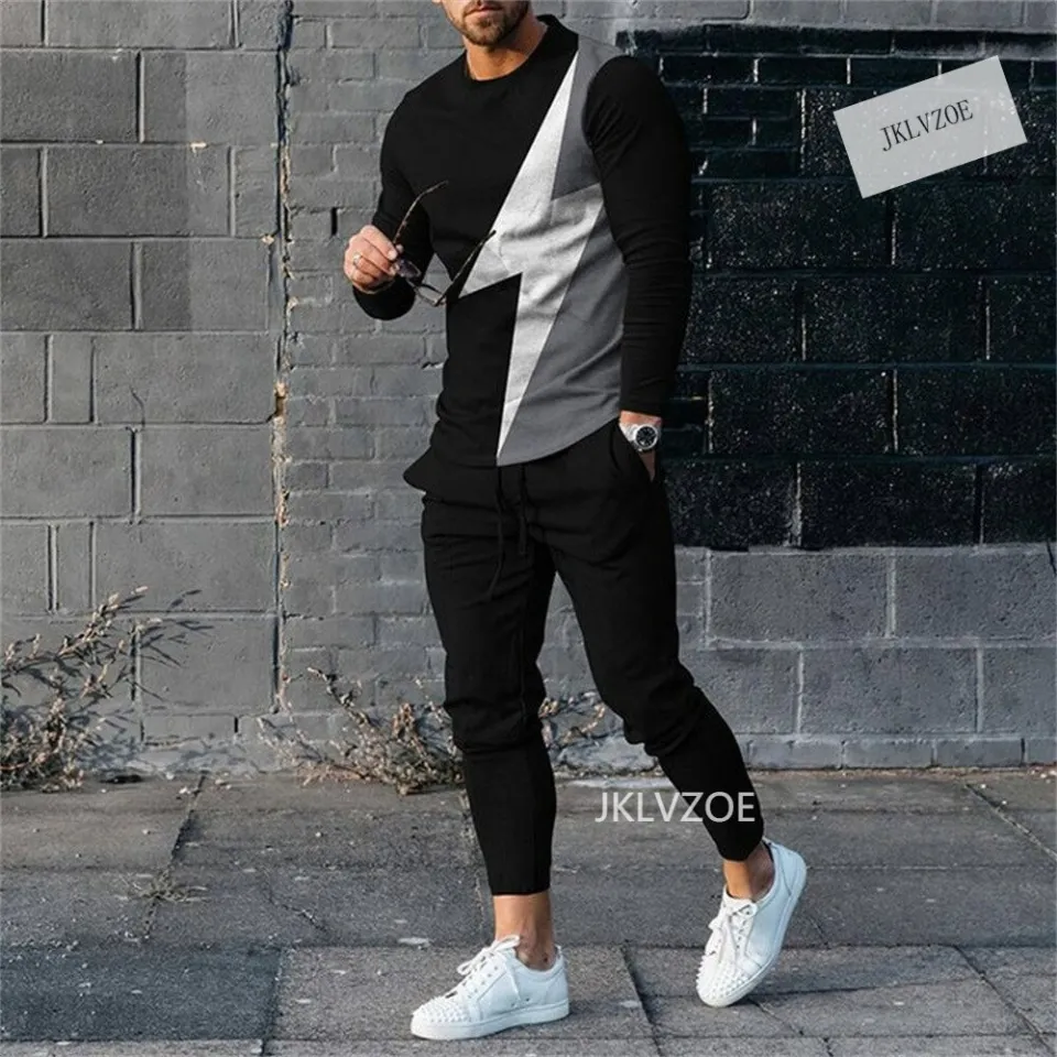 Set Tracksuit Men Fashion Stripe Long Sleeve T-shirt Pants 2 Piece Jogging  Outfits Oversized Sport Suit Casual Streetwear