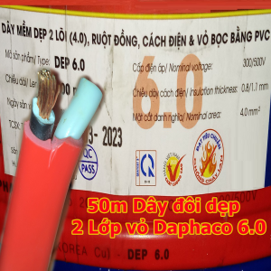 Dây điện ruột đồng 2 lõi chịu tải công suất cao Daphaco đôi dẹp mêm 6.0 (50m)