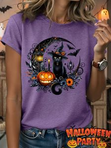 Halloween black cat pumpkin print T Womens round-neck short-sleeved loose-fitting casual top suitable for parties