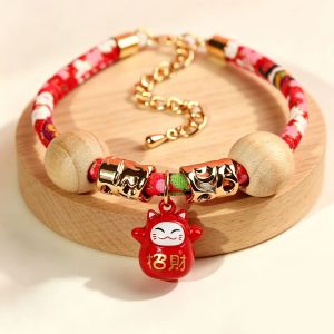 Universal pet collar for cats and dogs - Handmade pet jewelry - Cat and dog collar 招财猫宠物项圈猫狗通用可调节香樟木珠手工编织婚庆礼物饰品