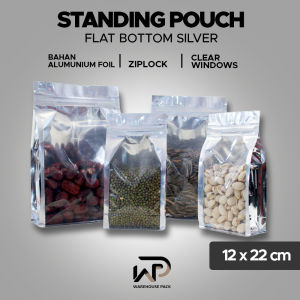 ( 50 Pcs ) Standing Pouch Flat Bottom Silver Metalized Foil Windows 12 x 22 | Kemasan Kopi | Kemasan Snack | Kemasan Paper Ziplock Silver Metalized Foil