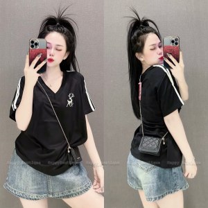 Áo Thun Nữ Cổ Tim Mã A86 Form Vừa 35 Đến 65kg Sọc Tay Thêu Hươu Cotton Mềm Mịn Mát Phong Cách Cá Tính