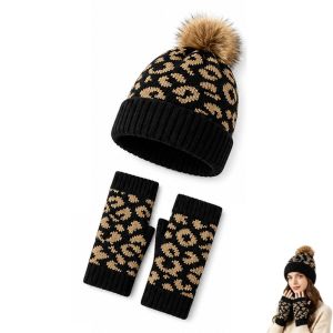 LUMIYA 2Pcs/Set Leopard Knit Beanie Warm Soft Pom Pom Beanie Hat and Glove Set Women and Men