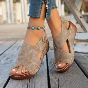 [Free Shipping] Roman Wedge Heel Sandals For Women 2026 Summer New Style Cross-Strap Plus-Size Color-Blocked Thick-Soled Wedge Heel Sandals