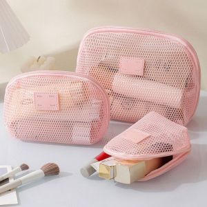 ZOOGGJZ พร้อมซิปรูด กระเป๋าเครื่องสำอาง ไนลอนทำจากไนลอน มือจับแบบมือถือ กระเป๋าใส่ของ ลำลองแบบสบายๆ ตาข่ายแบบตาข่าย กระเป๋าจัดเก็บอุปกรณ์ในห้องน้ำ สำหรับผู้หญิง