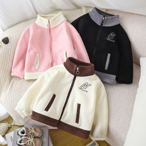 Hobibear 2025 Trẻ Em Mới Mùa Thu Mùa Đông Áo khoác lông cừu ấm áp Với Đứng Cổ Áo Và Thêu Zip-up Thiết Kế