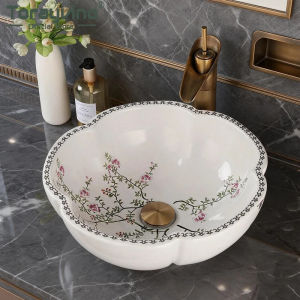 LDIES Torayvino Ceramic Bathroom Sink Faucet Set Washbasin Bowl Vanity Art Above Counter Flower Bird Pattern Vessel W/ Pop Up Drain 1N8Q6