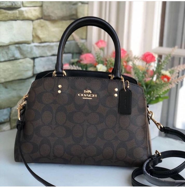 coach mini lillie carryall in signature canvas brown black