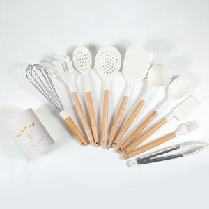 Silicone Kitchen Utensil Set 11PCS Kitchen Cooking Tools Set Wooden Silicone Kitchen Utensils Spatula Set Storage Box