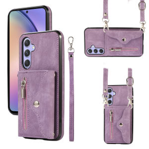 Zipper Wallet Lanyard Card Solt Case For Samsung Galaxy A54 A34 A14 A52 A72 A32 A12 S23 Ultra S22 Plus S21 FE Note20 Strap Cover