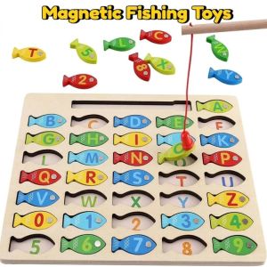 Kids Magnetic Fishing Toys Magnetic Fishing Game with Wooden Alphabet Letters Numbers Puzzle Shapes