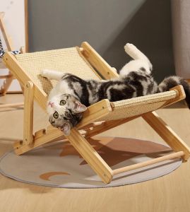 Adjustable Cat Lounge Chair Cat Hammock Bed Elevated Cat Bed with Durable Sisal Scratcher Durable and Non Shedding Sisal Scratcher Wood Cat Chair Cat Furniture of Mini Beach Chair for Pet Cat