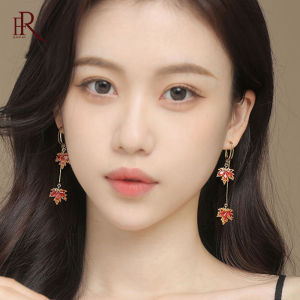 Frascati Gold Plated Pearl Zircon Red Maple Leaf Double Layer Ear Buckle Drop Earrings Necklace For Women Girl Personality Jewelry