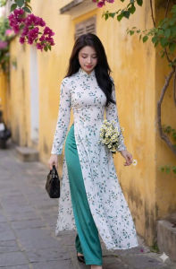 Áo dài lụa hoa nhí (áo+quần) vải lụa nhẹ mát